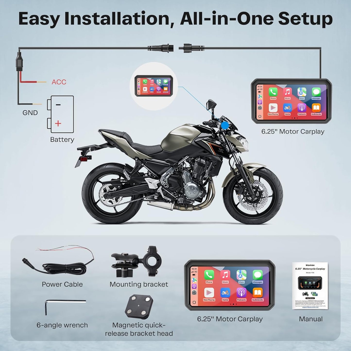 6.25 Inch Motorcycle Carplay Screen Wireless GPS encalife
