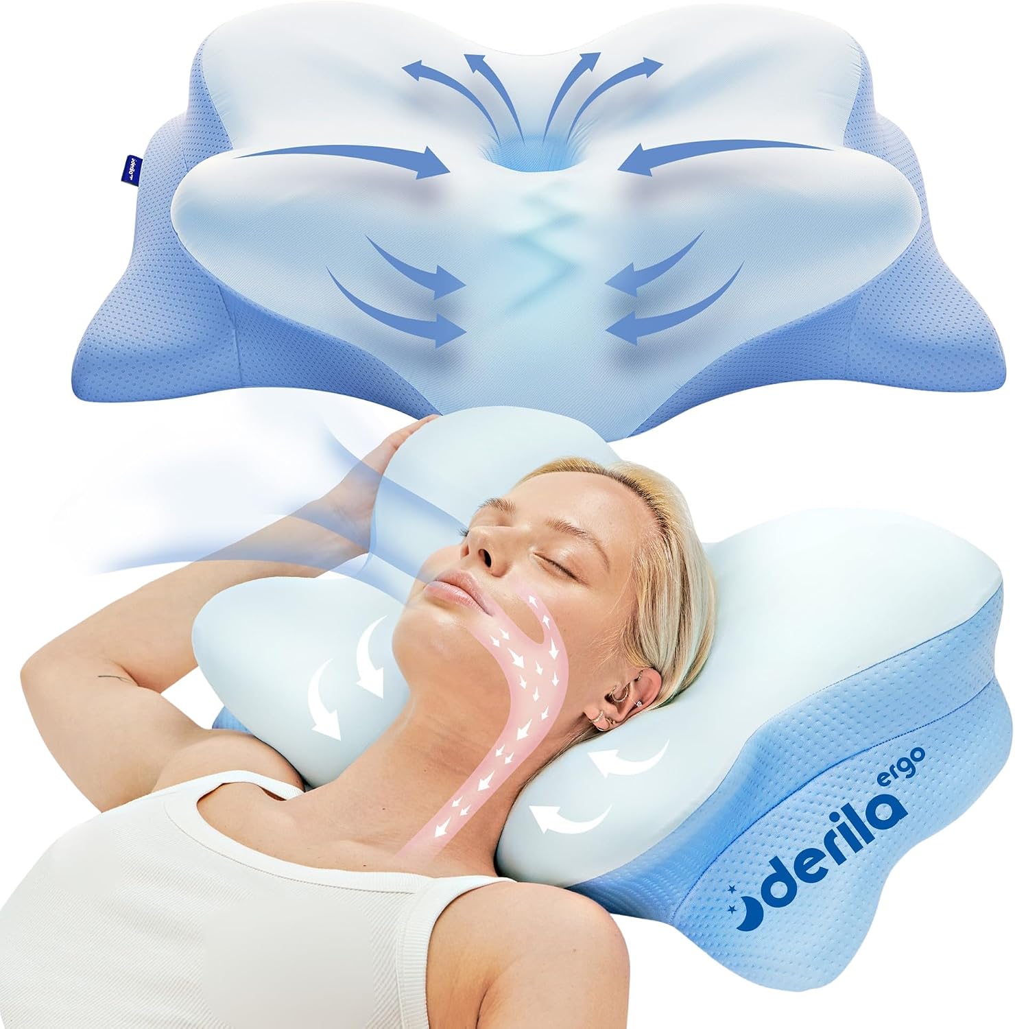 Cooling memory foam neck support pillow with ergonomic butterfly contour
