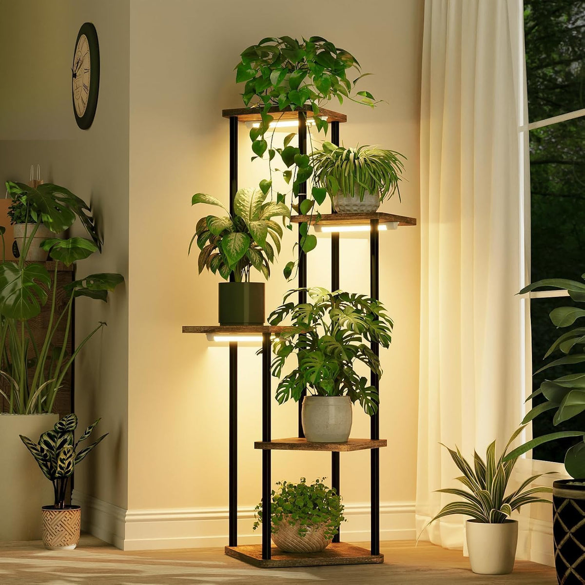 Five-tier corner plant stand with integrated grow lights, black metal frame, wood-look shelves, and potted indoor plants in a modern living room.