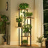 Five-tier corner plant stand with integrated grow lights, black metal frame, wood-look shelves, and potted indoor plants in a modern living room.