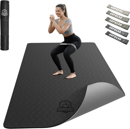 Extra wide yoga mat with non-slip double-sided texture, 6mm cushioning, premium TPE material, and carry bag for yoga, Pilates, stretching, and home workouts.