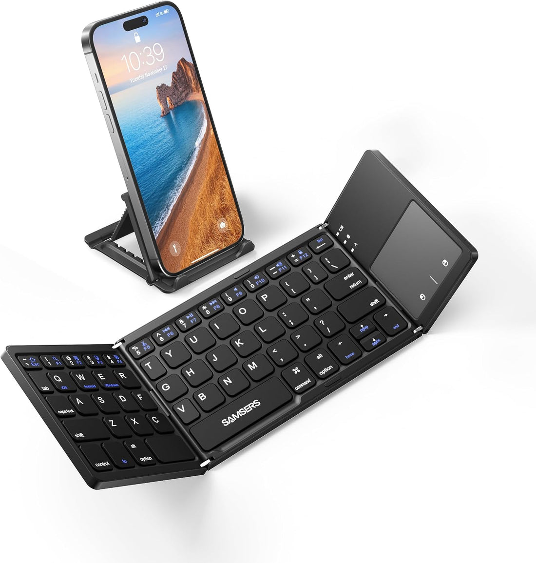 Foldable Bluetooth keyboard with touchpad and phone stand for portable work, tablets and smartphones