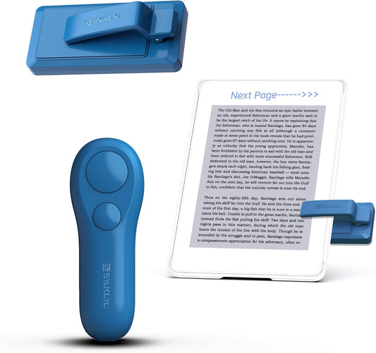 Page Turner remote clipped to an e reader while a traveler reads hands free under a warm blanket.