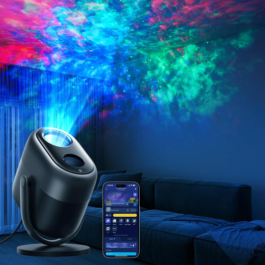 Galaxy Star Projector LED lights with 7-zone colorful nebula projection in bedroom, showing immersive stardust effect