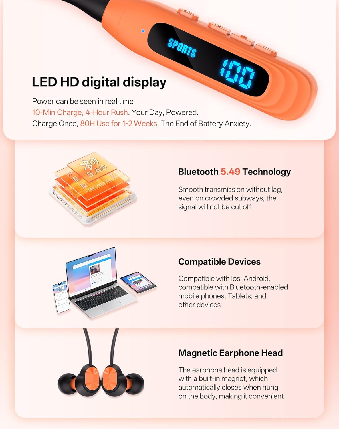 Neckband Bluetooth Headphones with 80H Playtime encalife