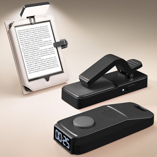 Page Turner remote with reading timer and book light clipped to an e reader for comfortable bedtime reading.