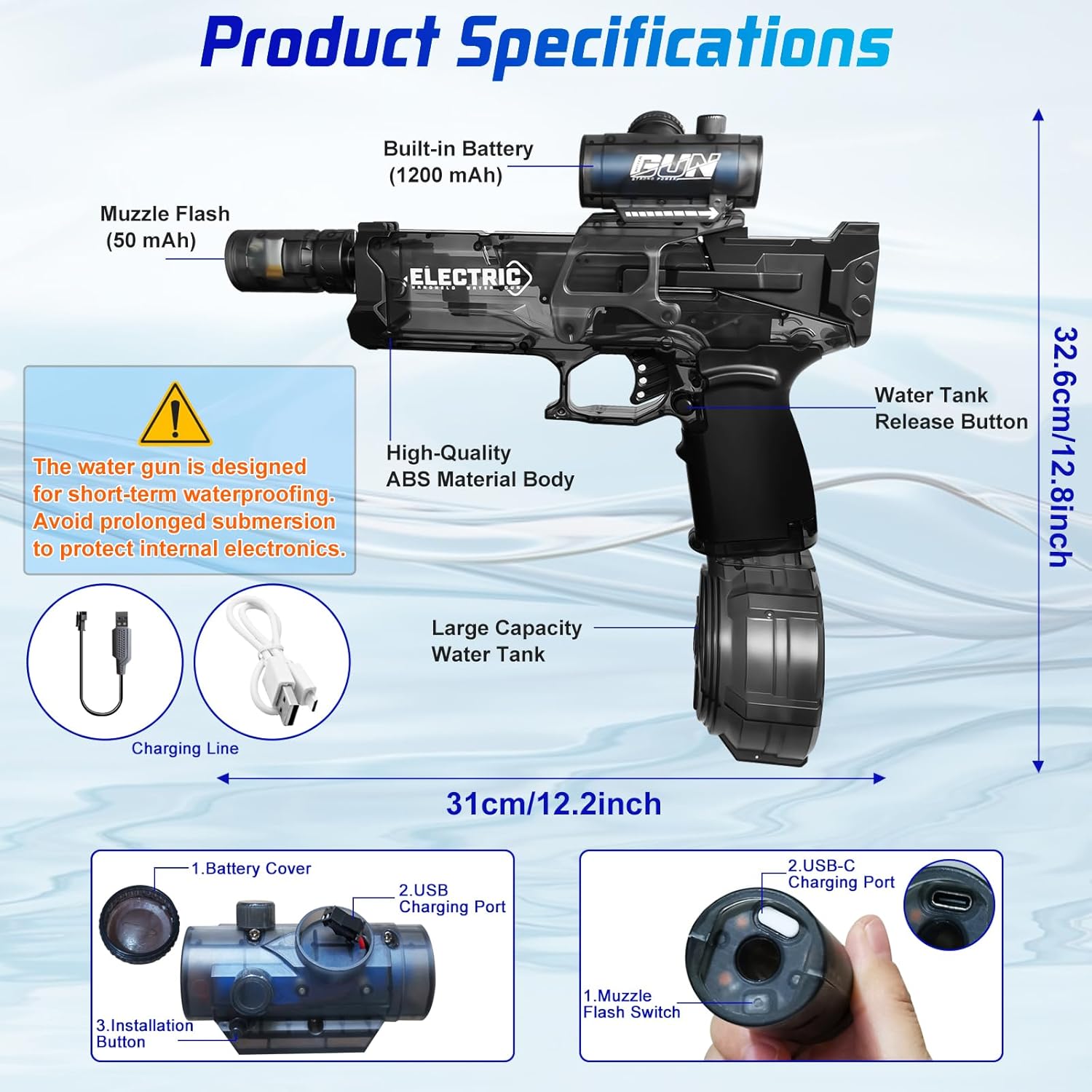 Electric Water Gun | Flash Recoil High Capacity Blaster Toy encalife