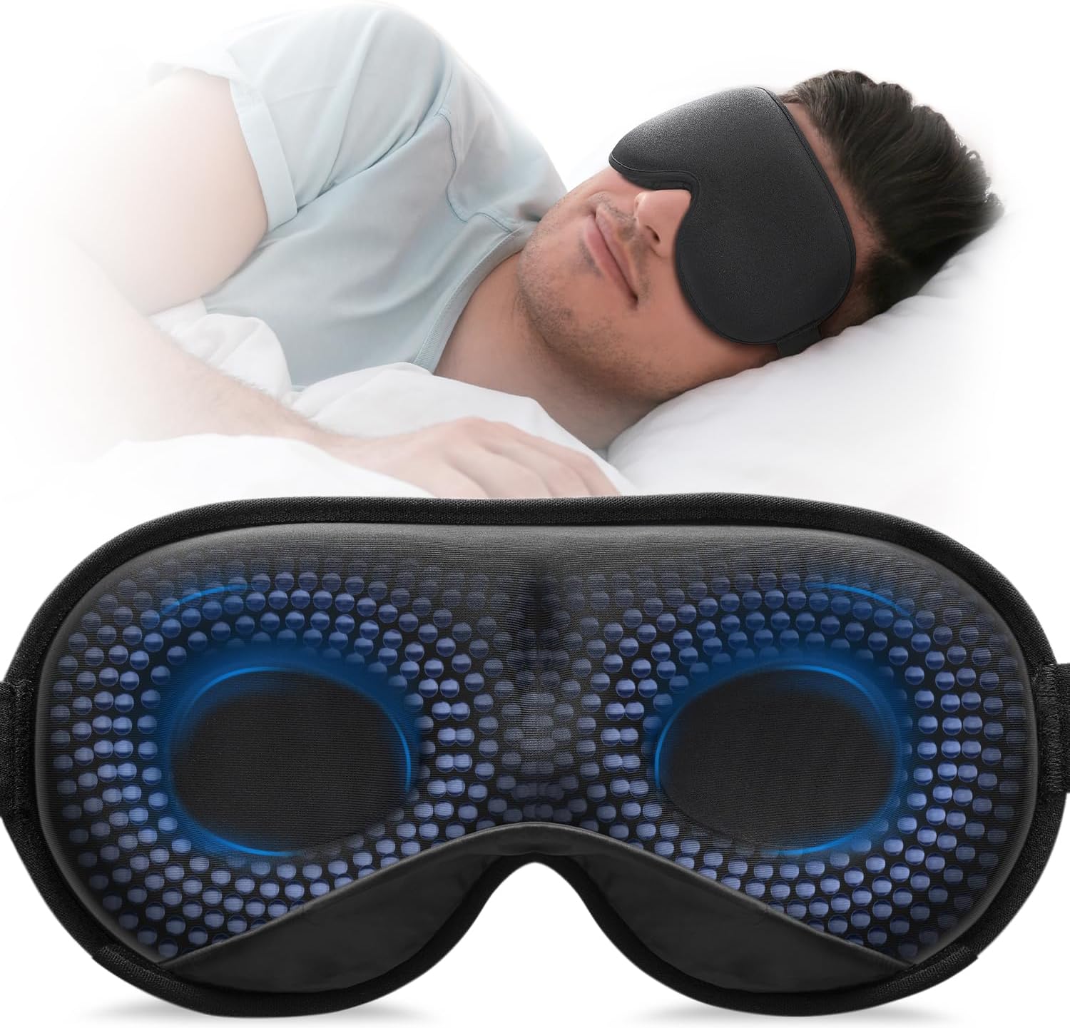 Black weighted sleep mask with adjustable strap and deep eye pockets