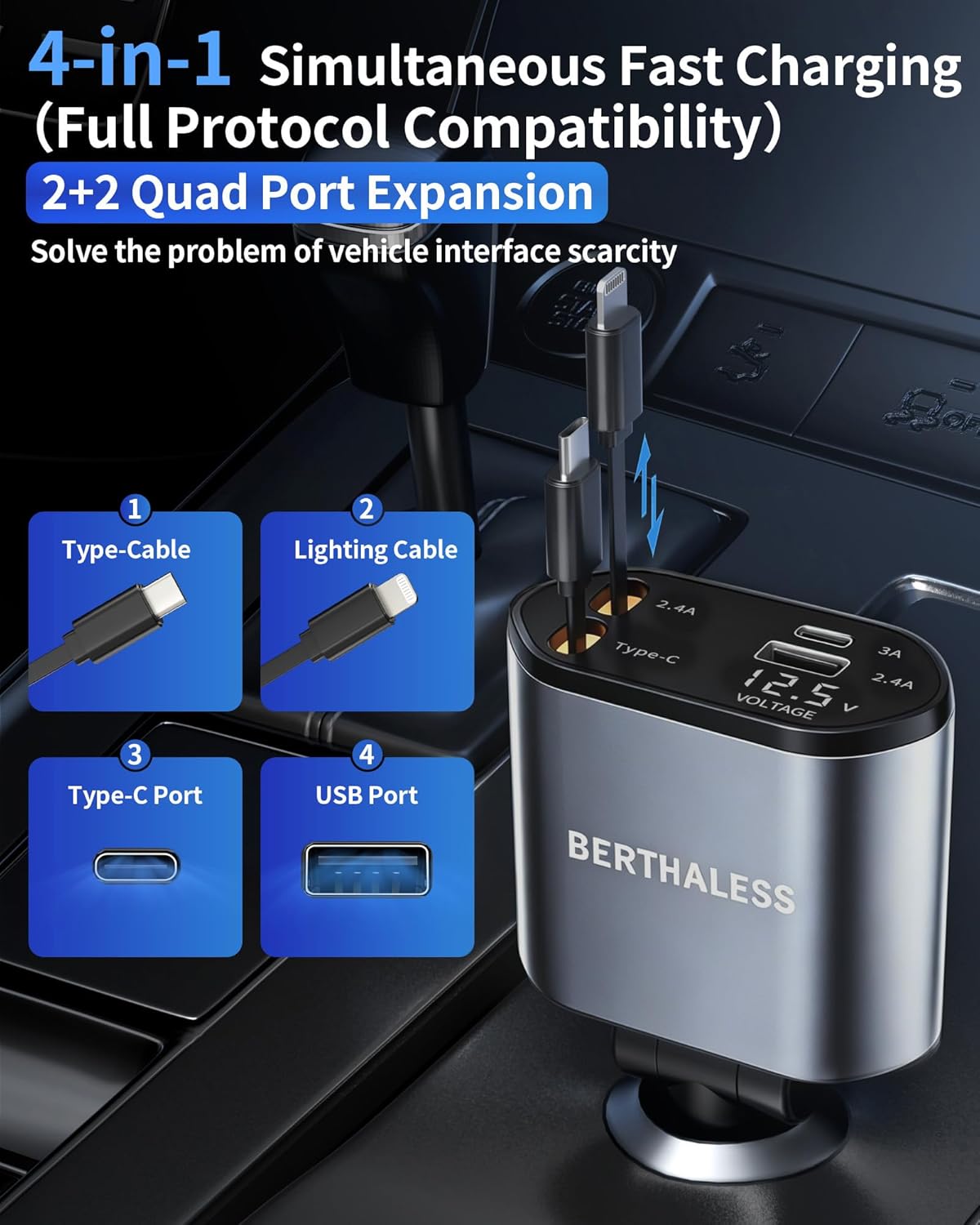 Retractable Car Charger 4 in 1 Fast encalife