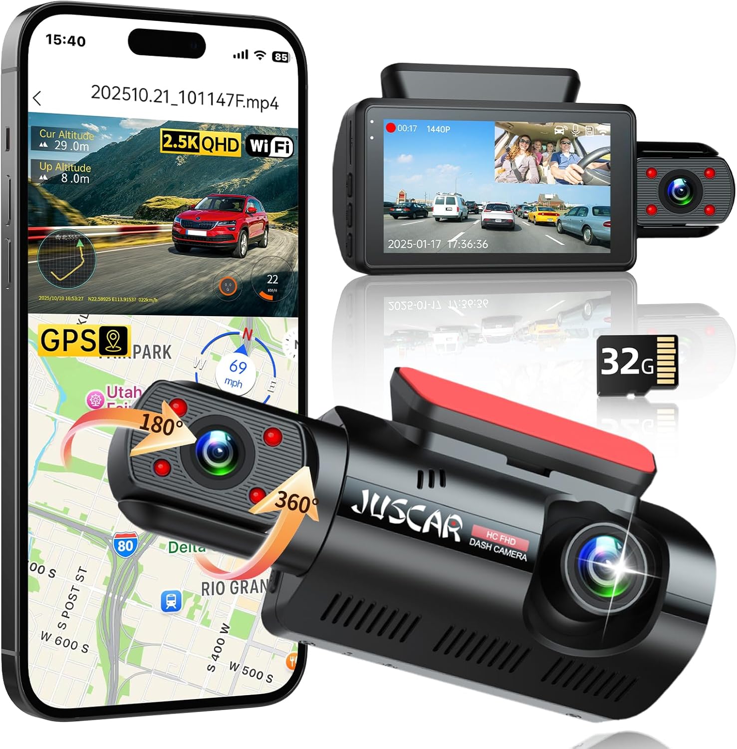 2.5K Dual Dash Cam Front Inside WiFi GPS 32GB
