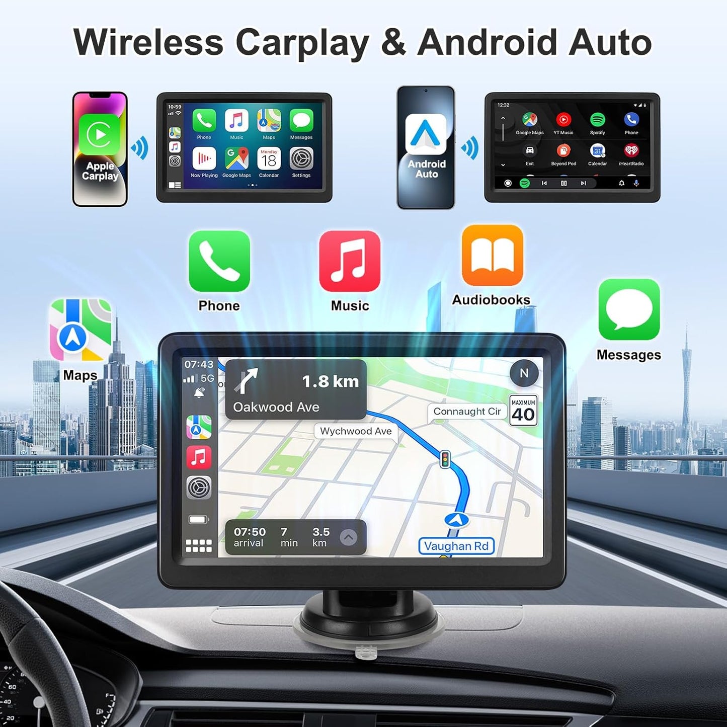 7 Inch Wireless Carplay Screen Portable Touchscreen encalife