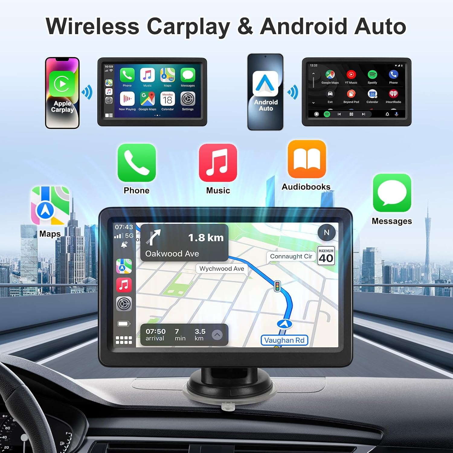 7 Inch Wireless Carplay Screen Portable Touchscreen encalife