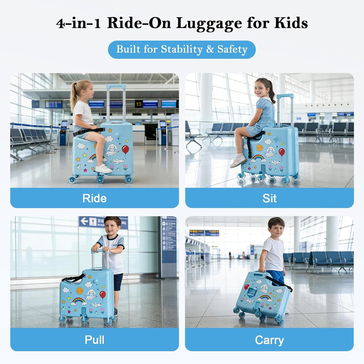 Kids Ride-On Suitcase with Spinner Wheels | Carry on Luggage encalife