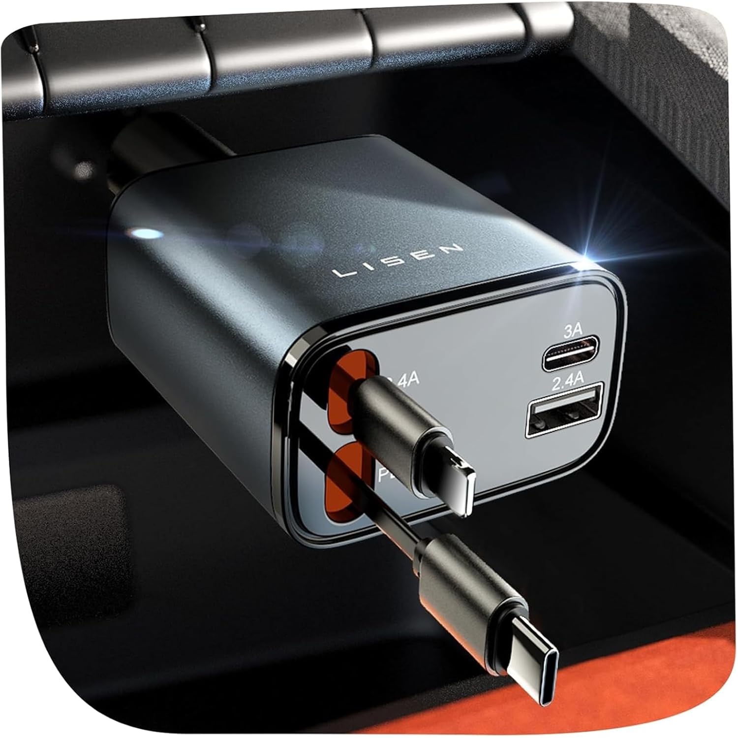 Extendable retractable cables on fast car charger close-up
