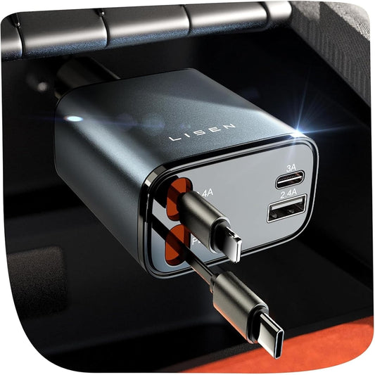 Extendable retractable cables on fast car charger close-up