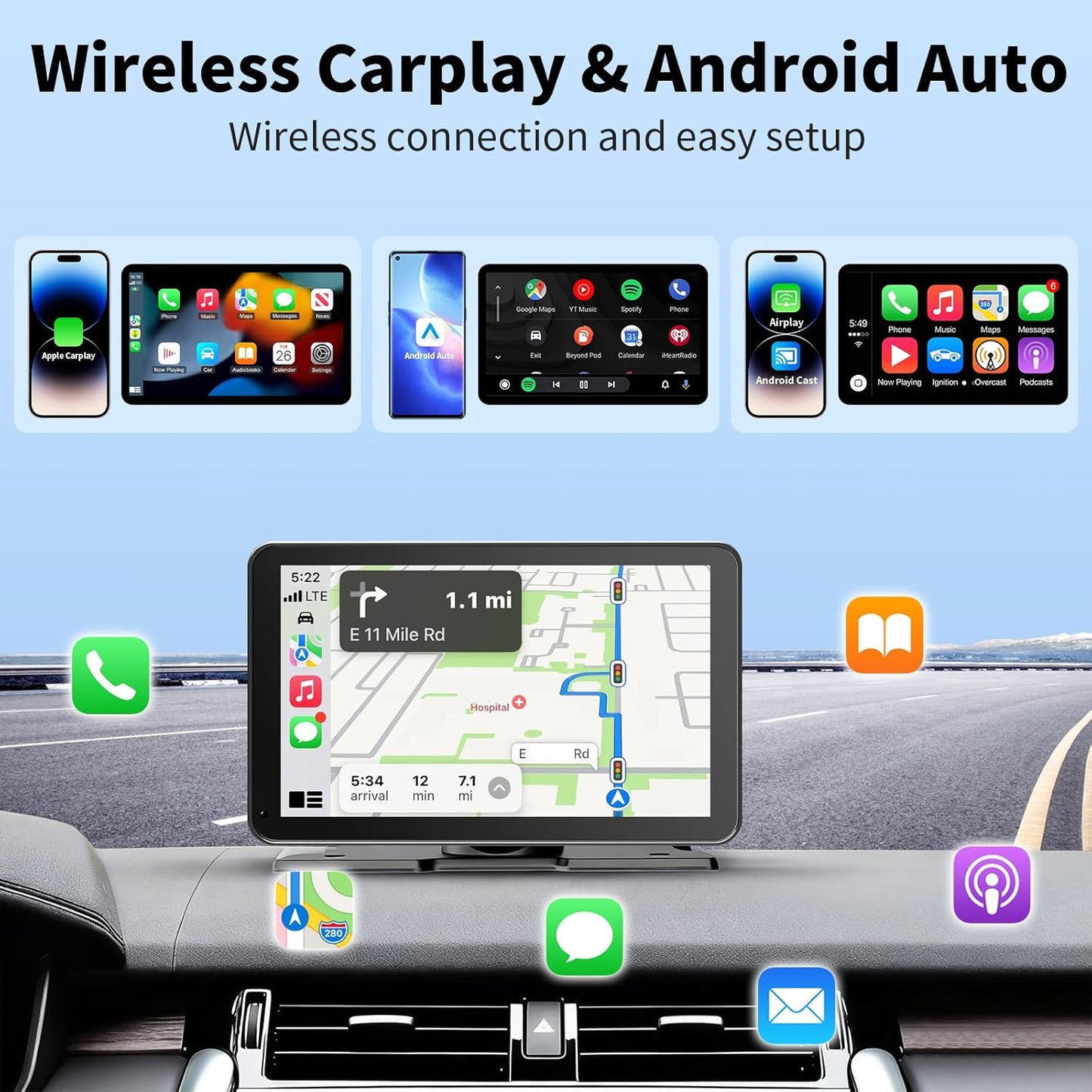 9 Inch Wireless Carplay Screen Portable Touchscreen encalife