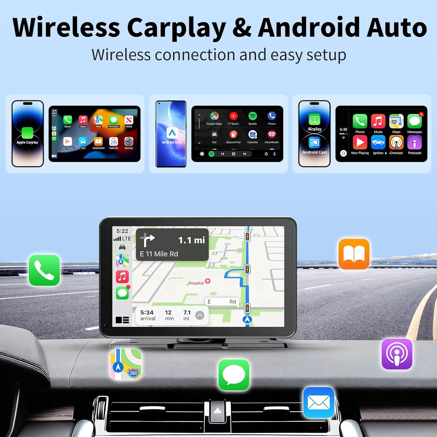 9 Inch Wireless Carplay Screen Portable Touchscreen encalife
