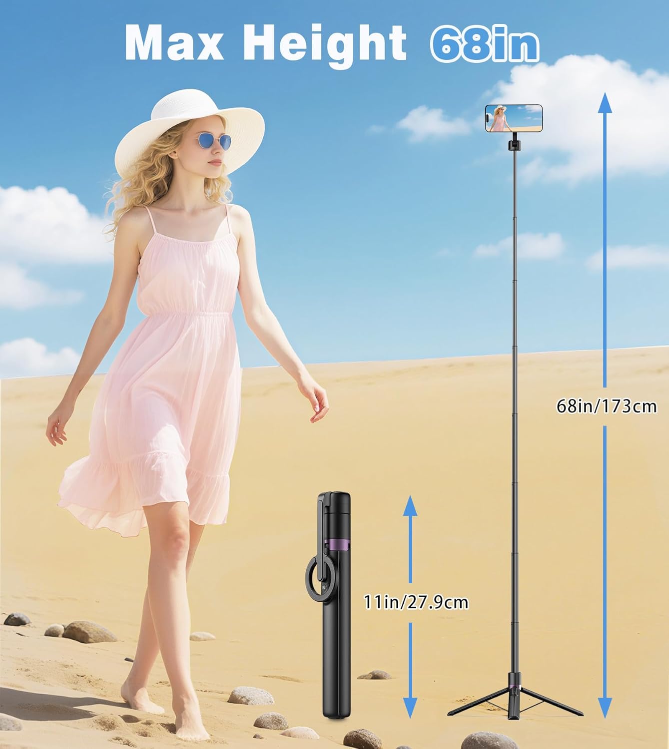 68-Inch Magnetic Selfie Tripod With Rechargeable Remote encalife