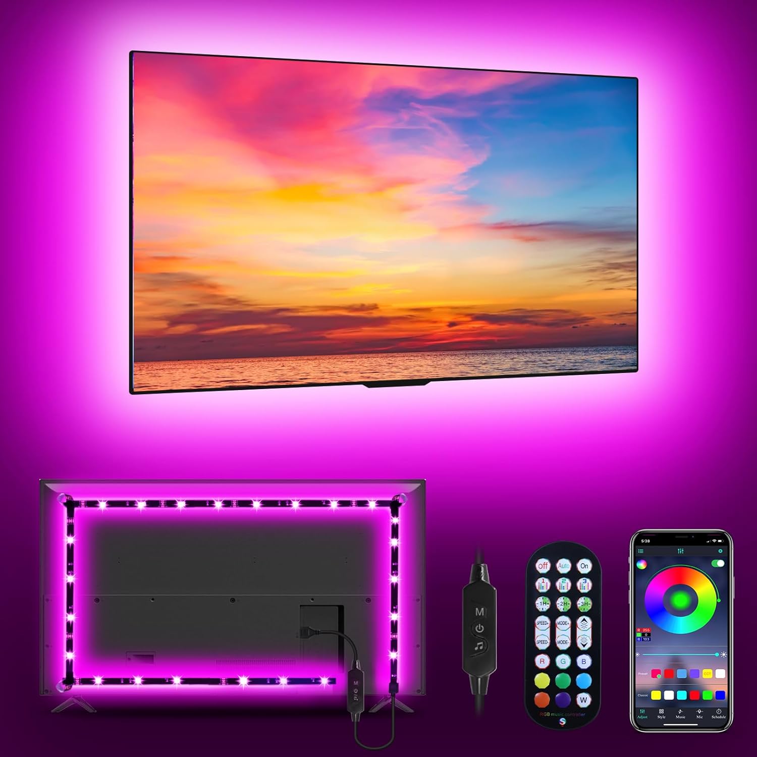 RGB LED strip lights creating ambient TV backlighting