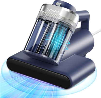 Handheld mattress vacuum cleaner with UV-C light, dual dust cups, heated airflow and deep fabric cleaning head