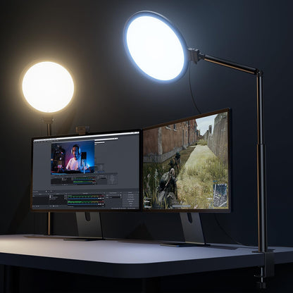 Adjustable LED desk ring light with rotating arm, metal C-clamp, and soft white illumination for streaming and home office use