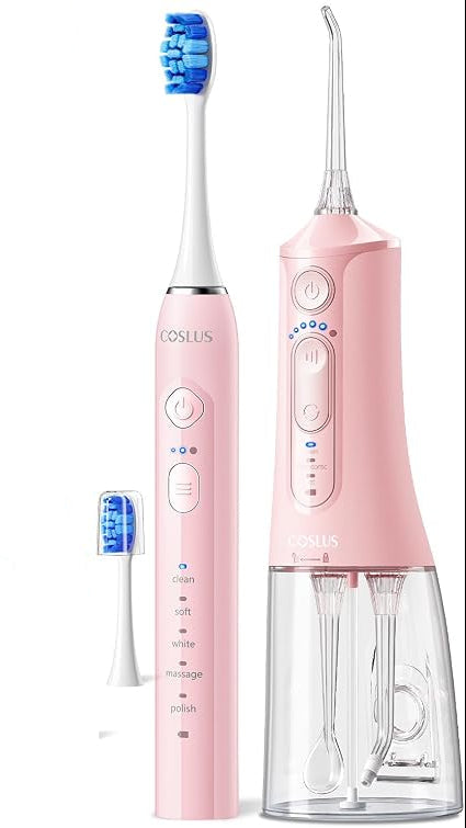 Pink sonic electric toothbrush and cordless water flosser combo with four brush heads, four cleaning tips and product packaging.