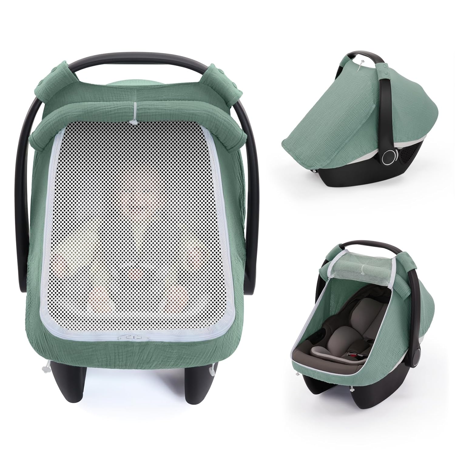 Baby car seat with green protective canopy in use