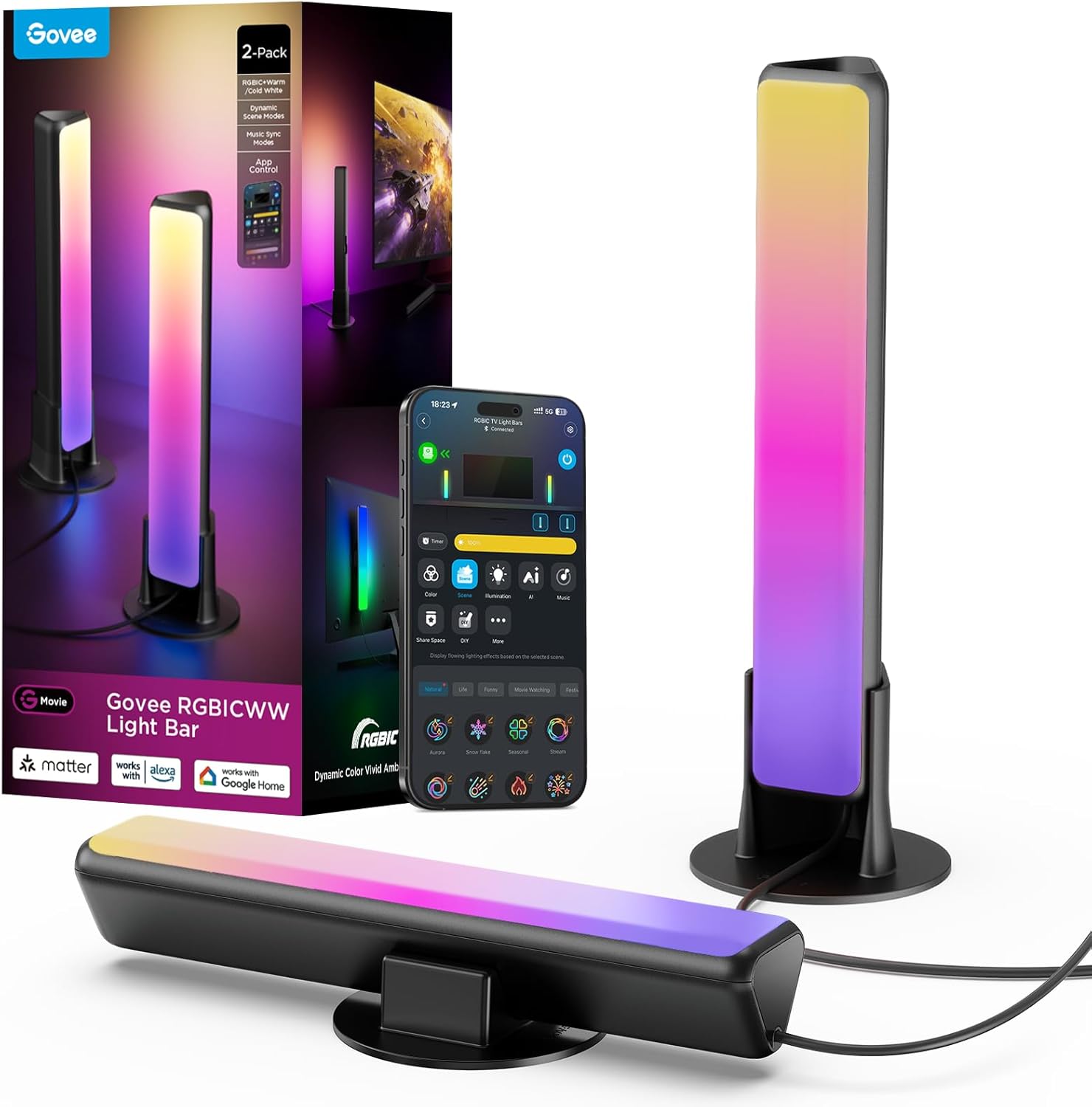 Black RGBICWW smart light bar displaying segmented colors