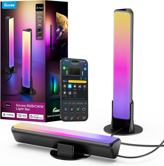 Black RGBICWW smart light bar displaying segmented colors