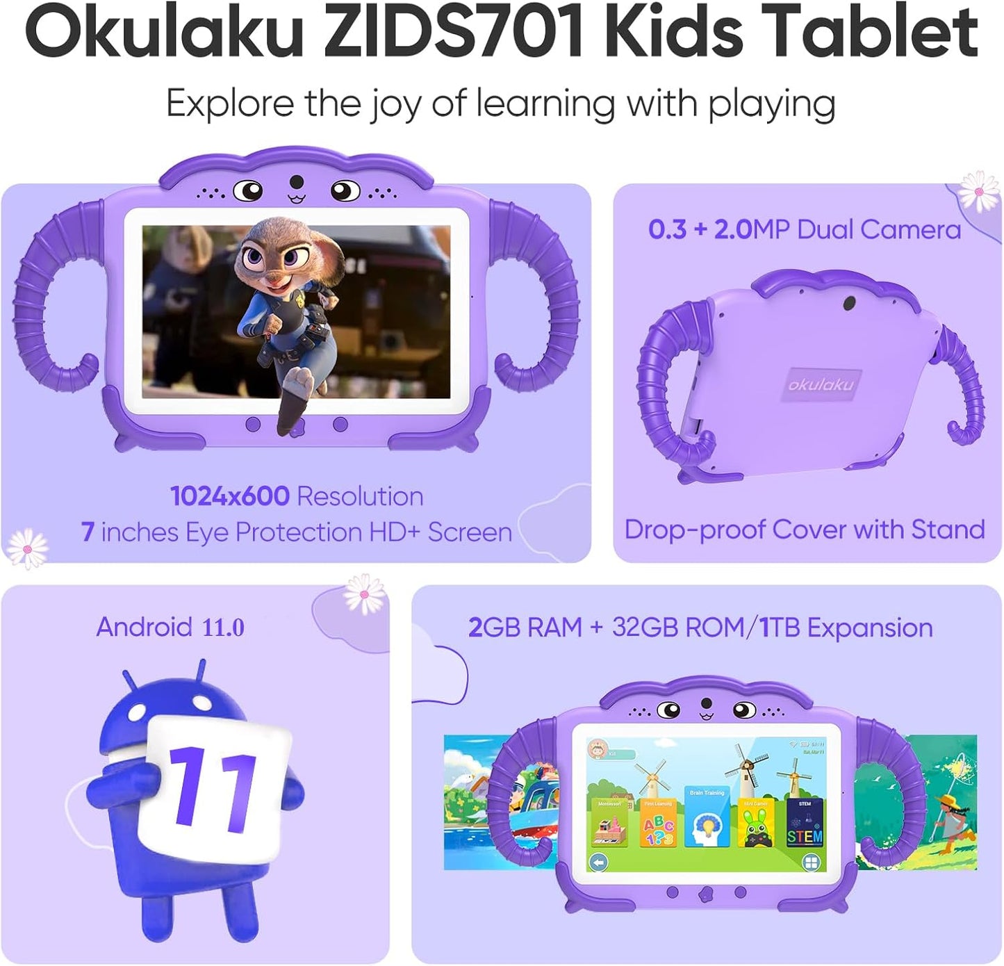 Okulaku 7” Kids Tablet I Toddler Learning Tablet encalife