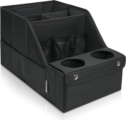 Black foldable car seat organizer with cup holders