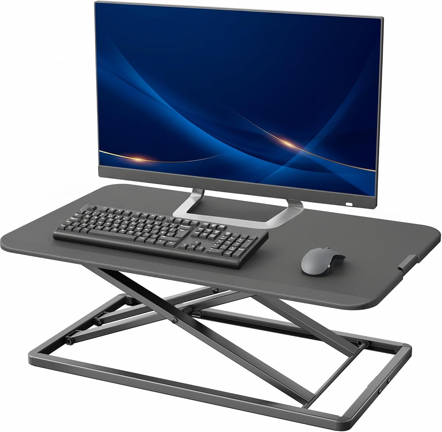 Black tabletop workstation riser with height adjustment