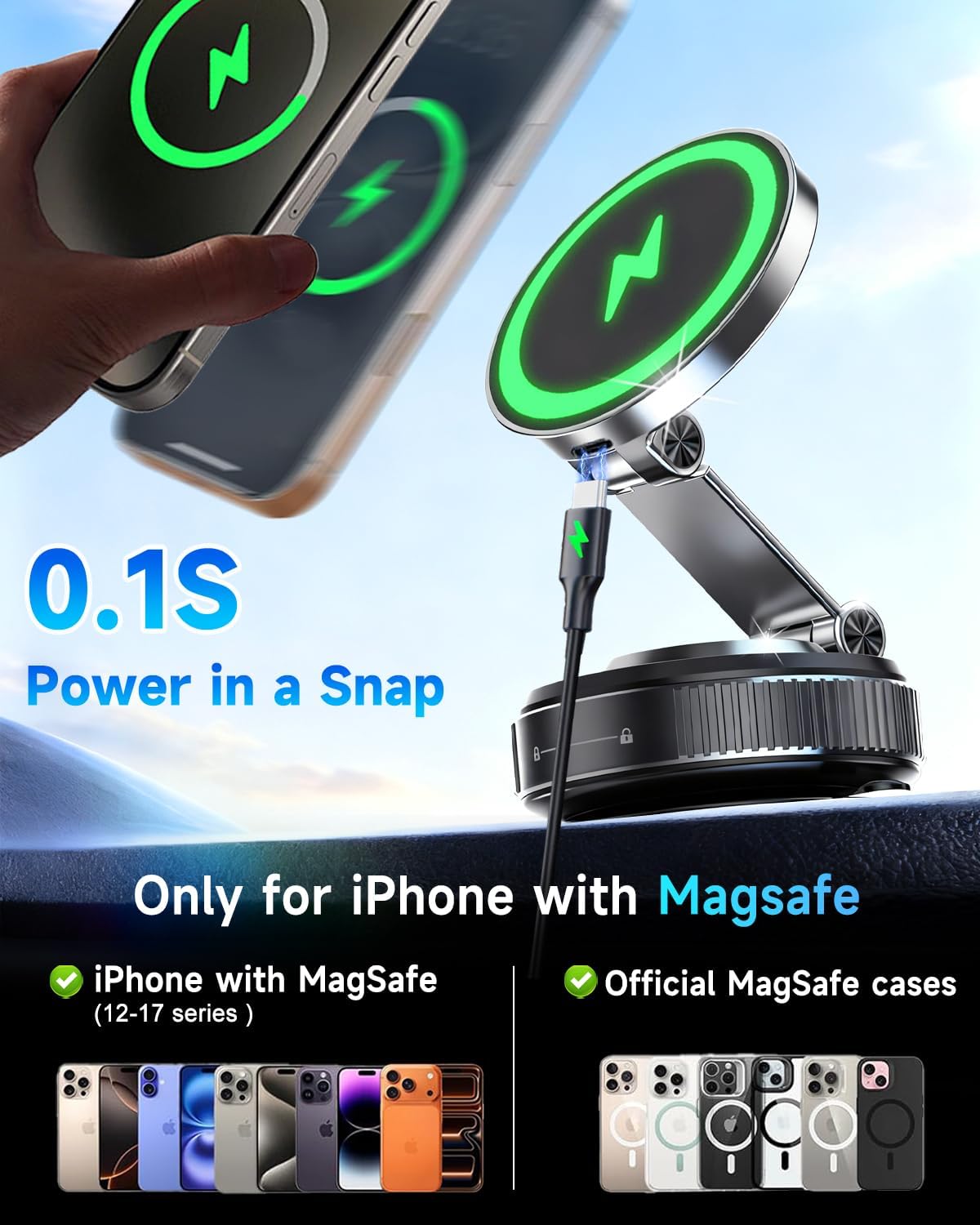 Magnetic MagSafe Car Mount Charger 780° Suction encalife