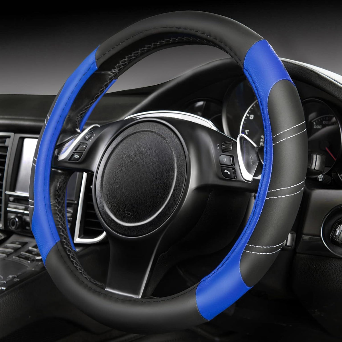 Premium microfiber leather steering wheel cover installed on car interior