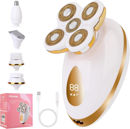5-in-1 rechargeable electric razor women use for wet and dry hair removal on legs, bikini area, face, underarms, and body.
