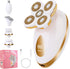 5-in-1 rechargeable electric razor women use for wet and dry hair removal on legs, bikini area, face, underarms, and body.