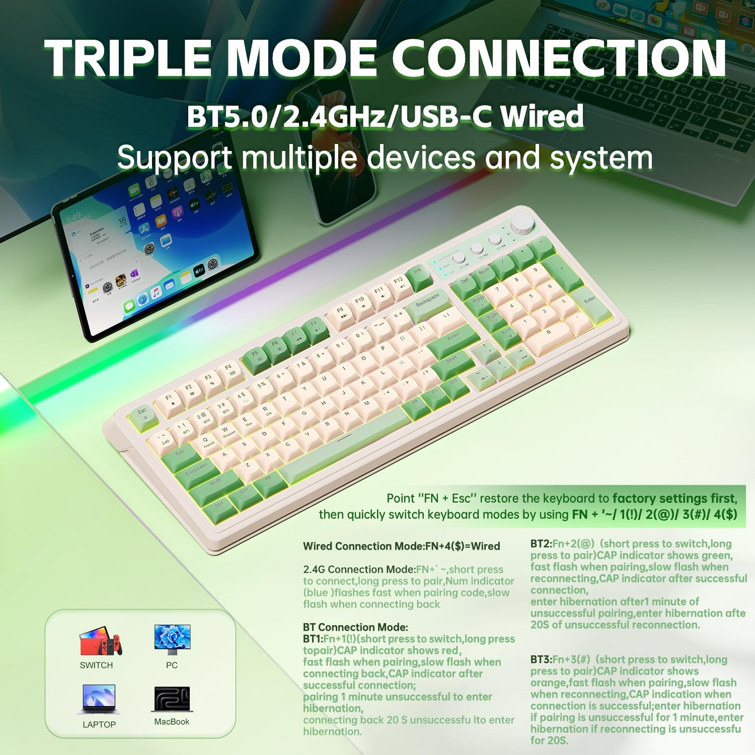 AULA S99 Wireless RGB Gaming Keyboard I Green encalife