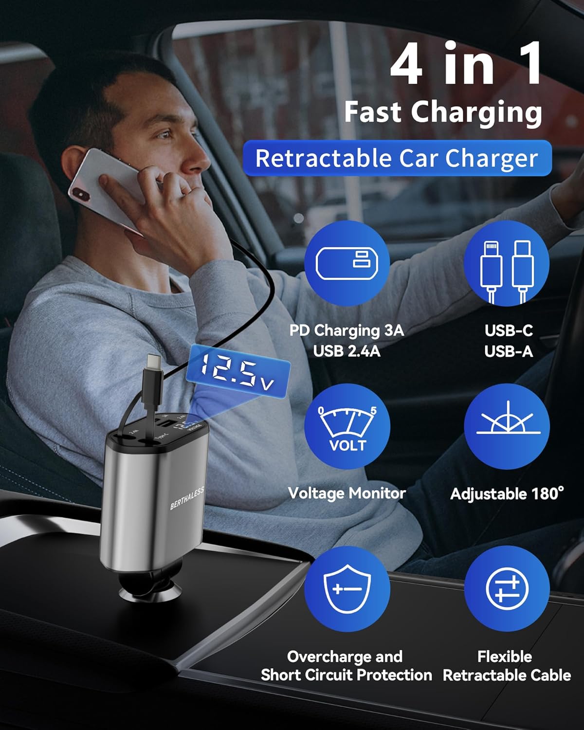 Retractable Car Charger 4 in 1 Fast encalife