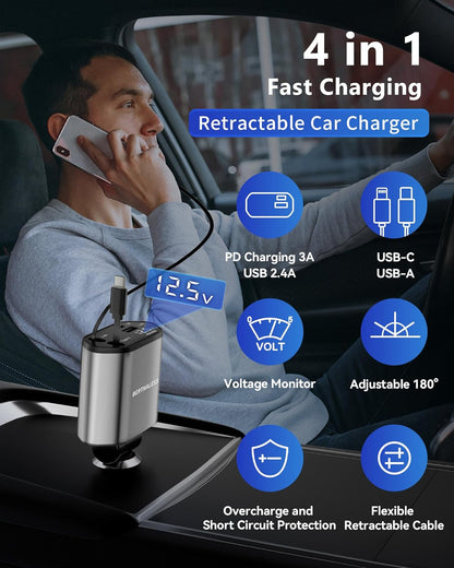 Retractable Car Charger 4 in 1 Fast encalife
