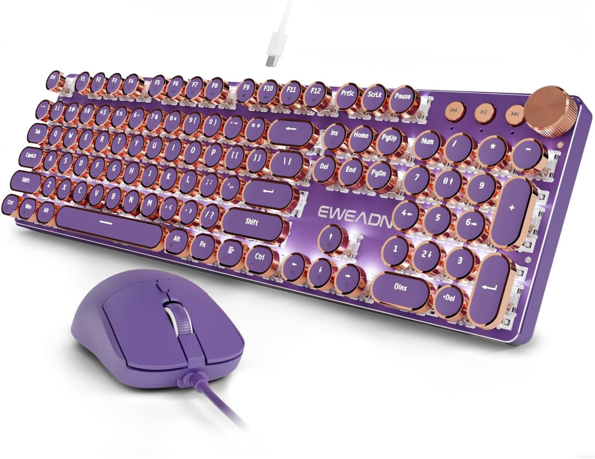 Gaming Typewriter Keyboard Mouse Combo RGB Retro encalife