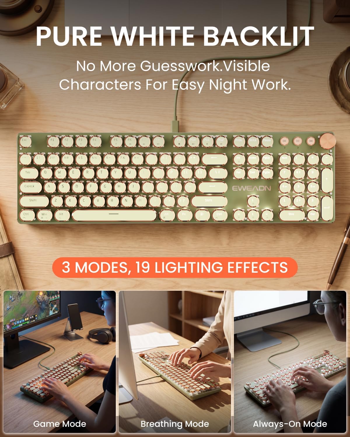 Gaming Typewriter Keyboard Mouse Combo RGB Retro encalife