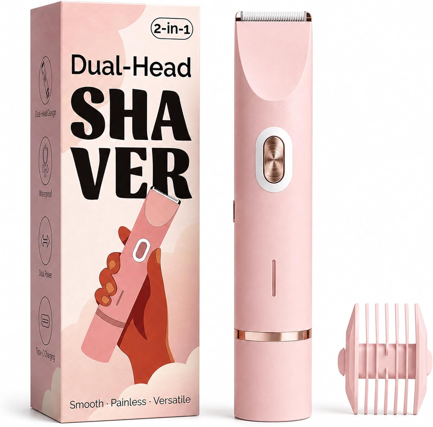 Dual-head electric razor women use for bikini line grooming, private areas, body hair removal, and sensitive skin shaving.