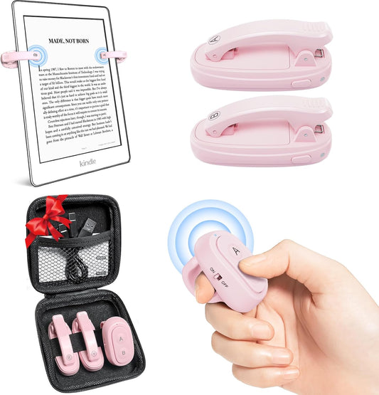 Page Turner ring remote controls an e reader while someone reads hands free on a sofa or treadmill.