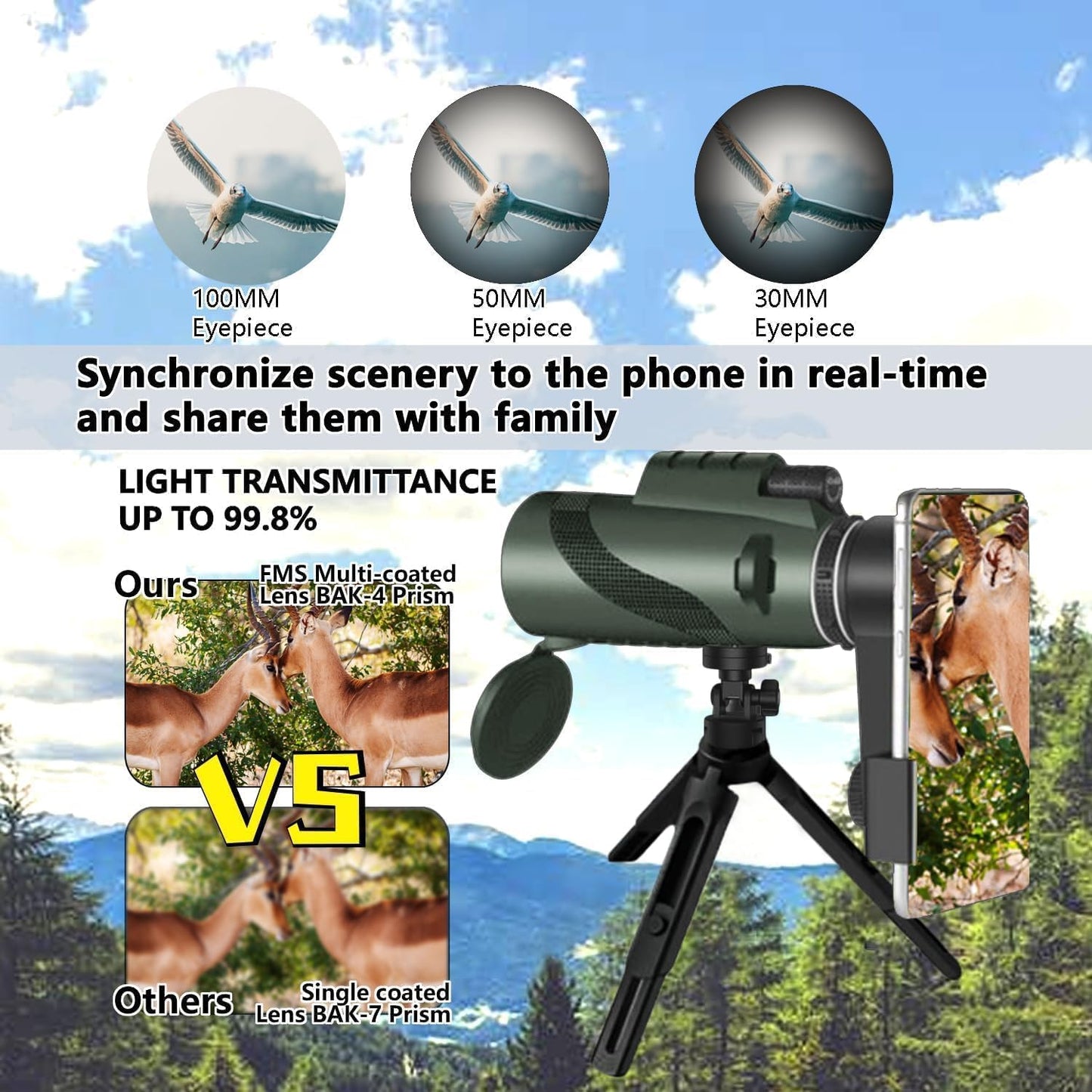 80x100 HD Monocular Telescope with Tripod & Phone Adapter encalife