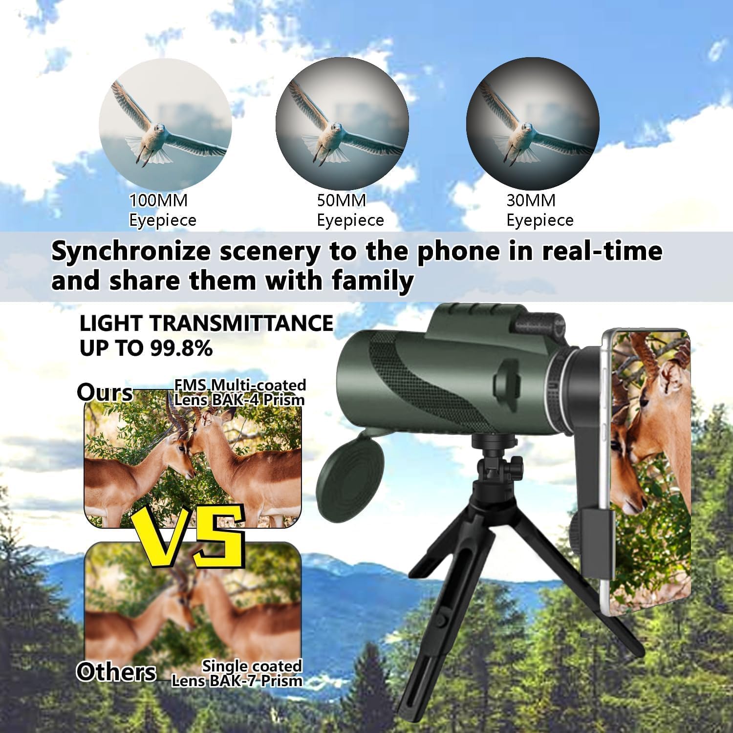 80x100 HD Monocular Telescope with Tripod &amp; Phone Adapter encalife