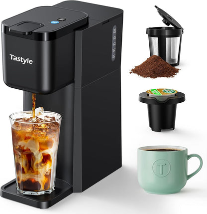 Mini hot iced single serve coffee maker for pods and grounds