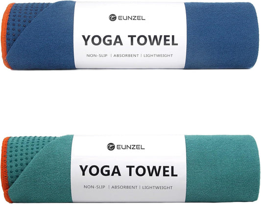 Non-slip hot yoga towel with grip dots, ultra-absorbent microfiber surface, lightweight design for Bikram, Pilates, and fitness workouts.
