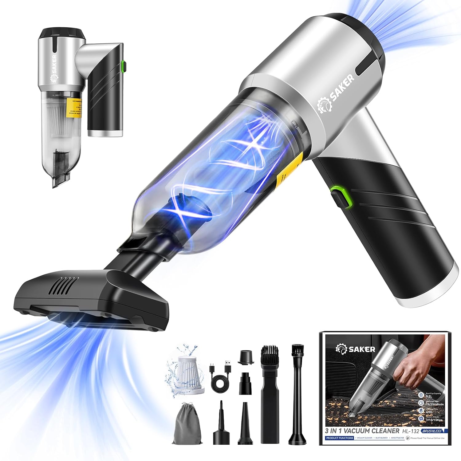 Cordless handheld car vacuum with blower, air pump attachments, washable filters and foldable design