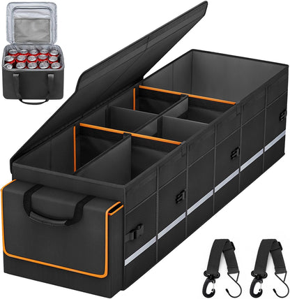 Large black collapsible car trunk organizer with lid, six adjustable dividers, side pockets, removable insulated cooler bag and securing straps