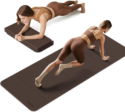 Brown foldable yoga mat shown unfolded for floor exercise and folded beneath a woman performing a forearm plank.